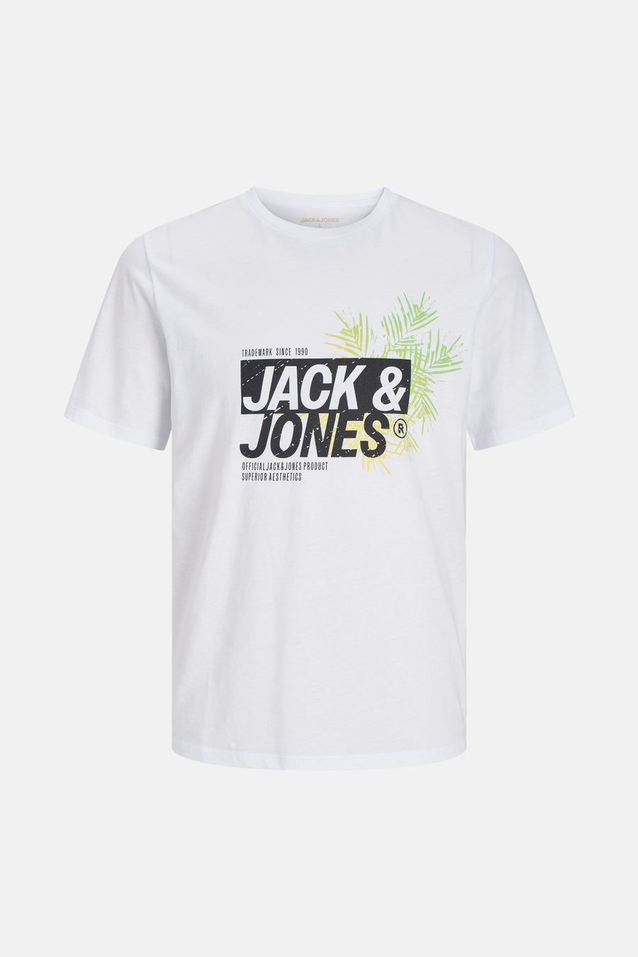 T-shirt blanc à manches courtes de JACK & JONES avec imprimé graphique sur le devant.
