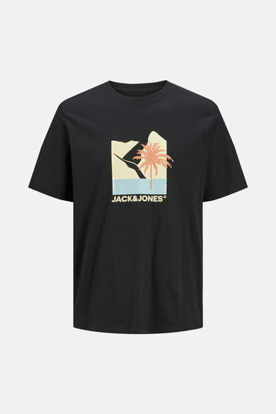 T-shirt noir à manches courtes par ORIGINALS BY JACK & JONES avec un imprimé graphique d'un paysage tropical.