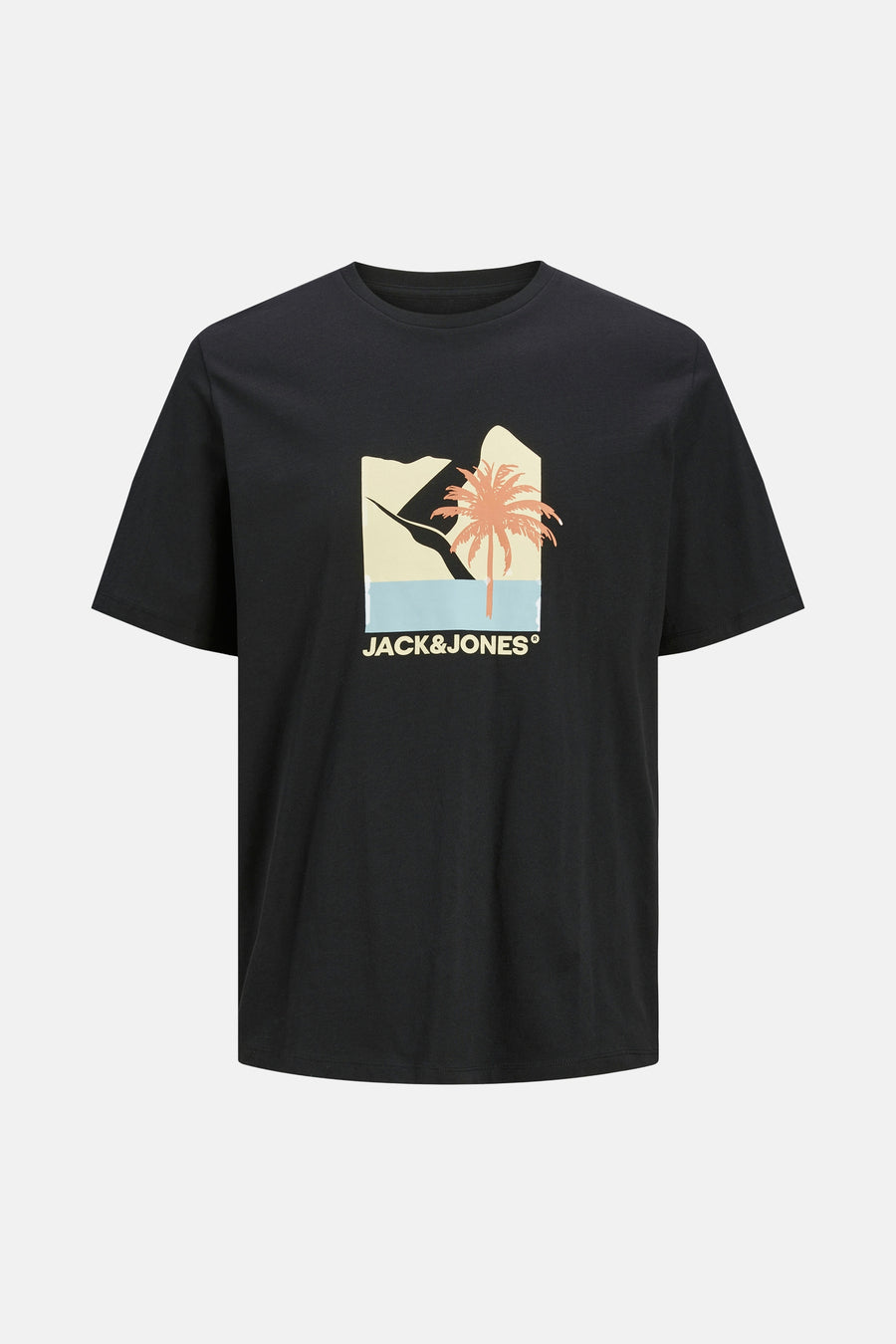 T-shirt noir à manches courtes par ORIGINALS BY JACK & JONES avec un imprimé graphique d'un paysage tropical.