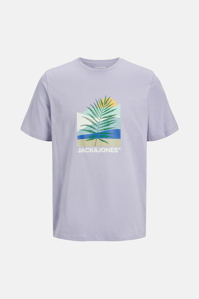 Paars T-shirt met korte mouwen van ORIGINALS BY JACK & JONES met een palmbladmotief op de voorkant.