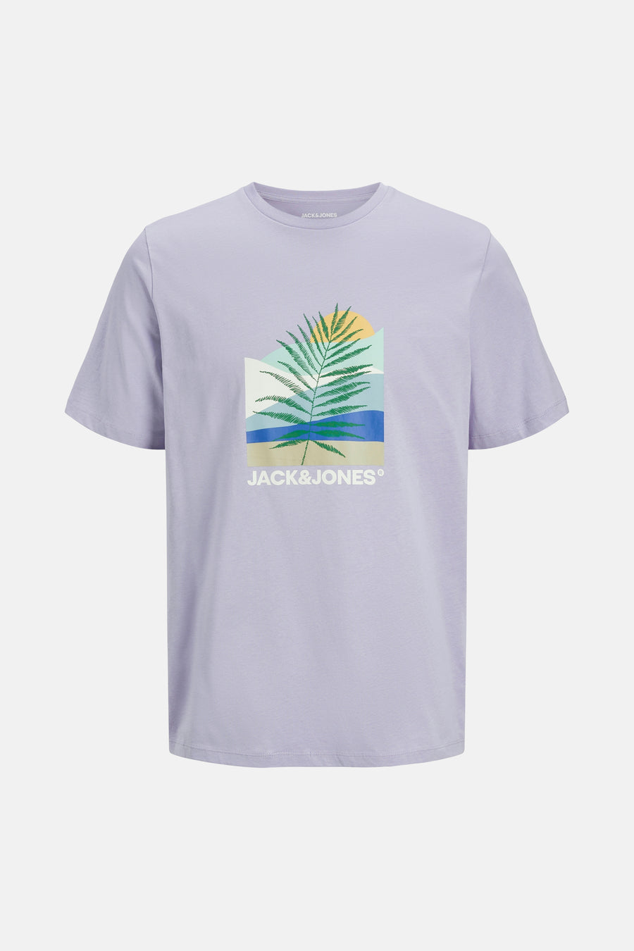 Paars T-shirt met korte mouwen van ORIGINALS BY JACK & JONES met een palmbladmotief op de voorkant.
