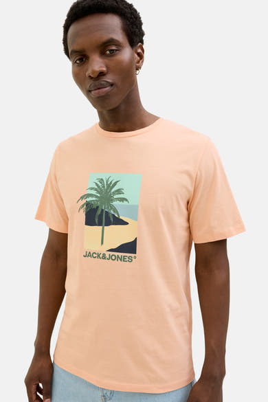 Oranje T-shirt met korte mouwen van ORIGINALS BY JACK & JONES met palmboomprint op de voorkant.