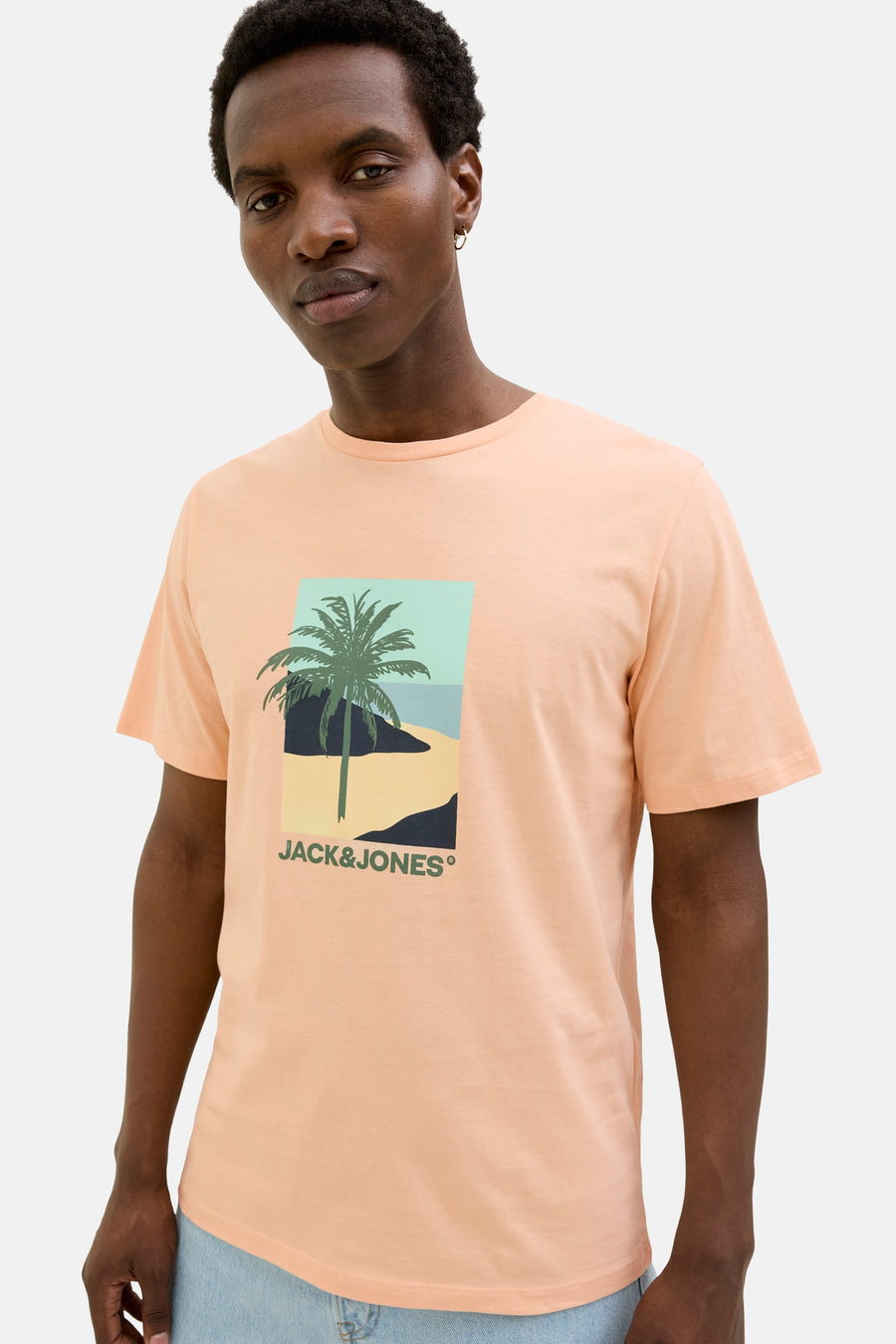 Oranje T-shirt met korte mouwen van ORIGINALS BY JACK & JONES met palmboomprint op de voorkant.