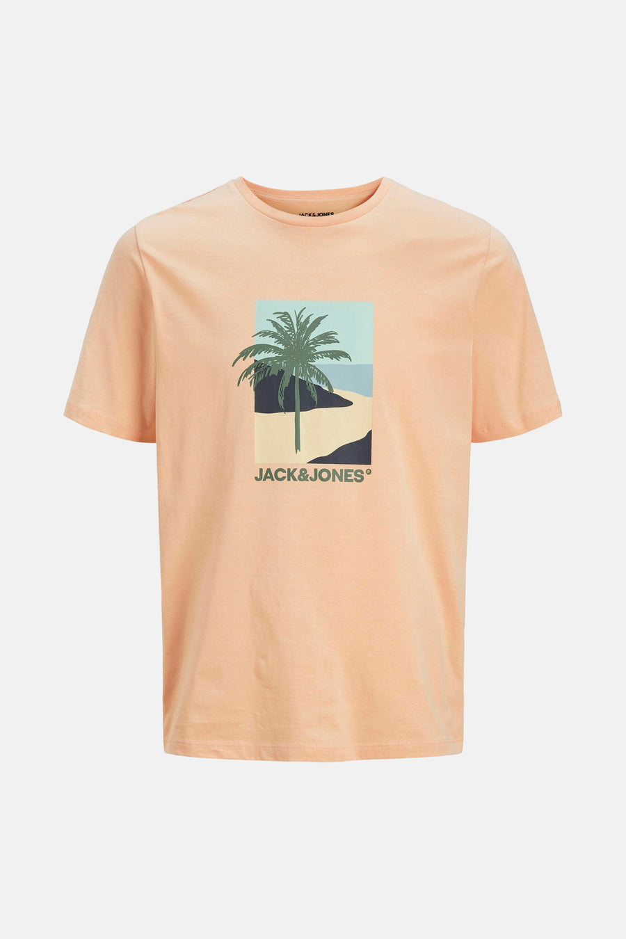 Oranje T-shirt met korte mouwen van Originals by Jack & Jones, met een palmboomprint op een strand.