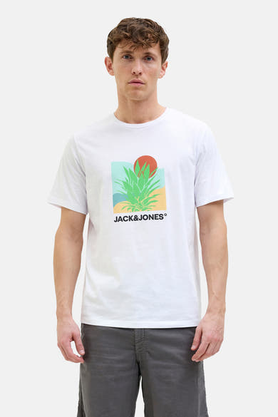 T-shirt blanc à manches courtes de Originals by Jack & Jones, avec un motif graphique coloré et un col rond.