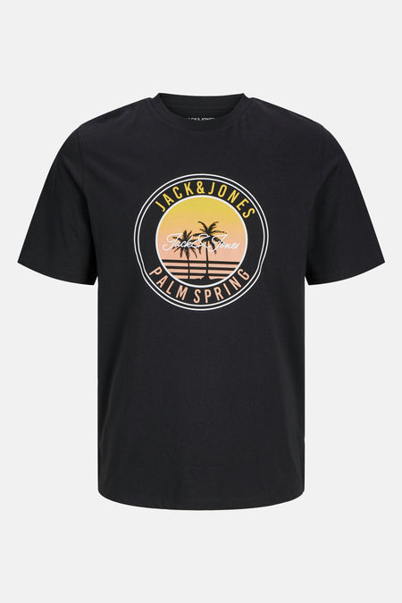 Zwart T-shirt met korte mouwen van Originals by Jack & Jones, met een ronde Palm Springs-stijl print op de voorkant.