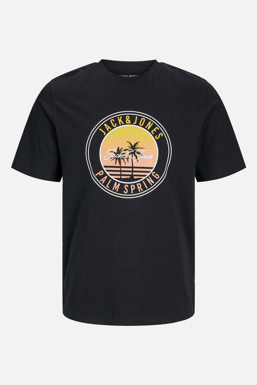 Zwart T-shirt met korte mouwen van Originals by Jack & Jones, met een ronde Palm Springs-stijl print op de voorkant.