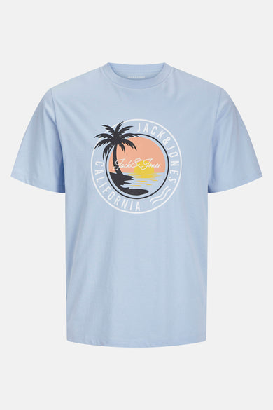 Blauwe T-shirt met korte mouwen van ORIGINALS BY JACK & JONES met een palmboom- en zonsondergangprint.