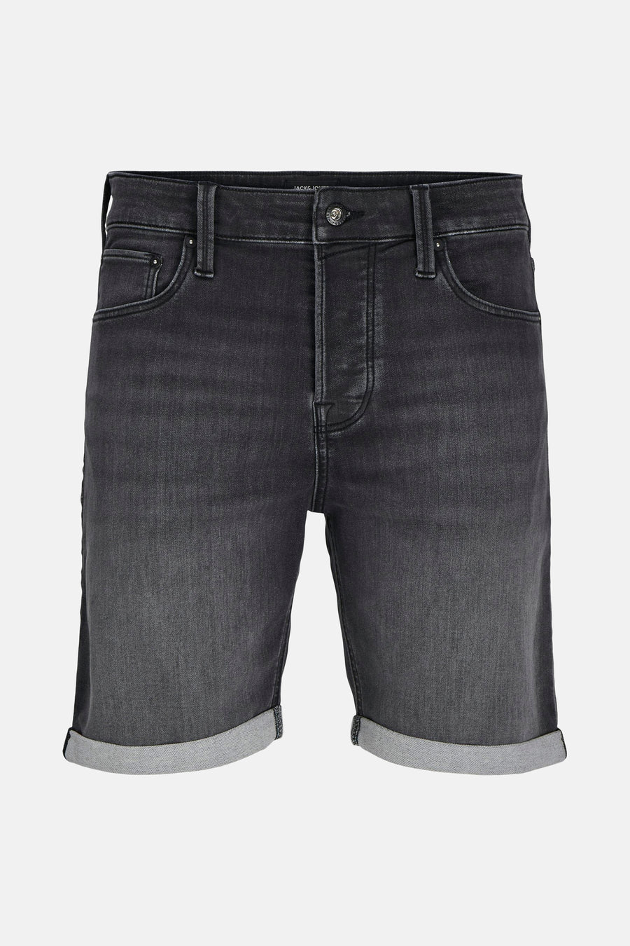 Short en jean noir délavé de Jack & Jones, avec ourlets roulés.
