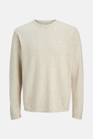 Pull à col rond beige de PREMIUM by JACK & JONES, en maille fine texturée, sur fond uni.