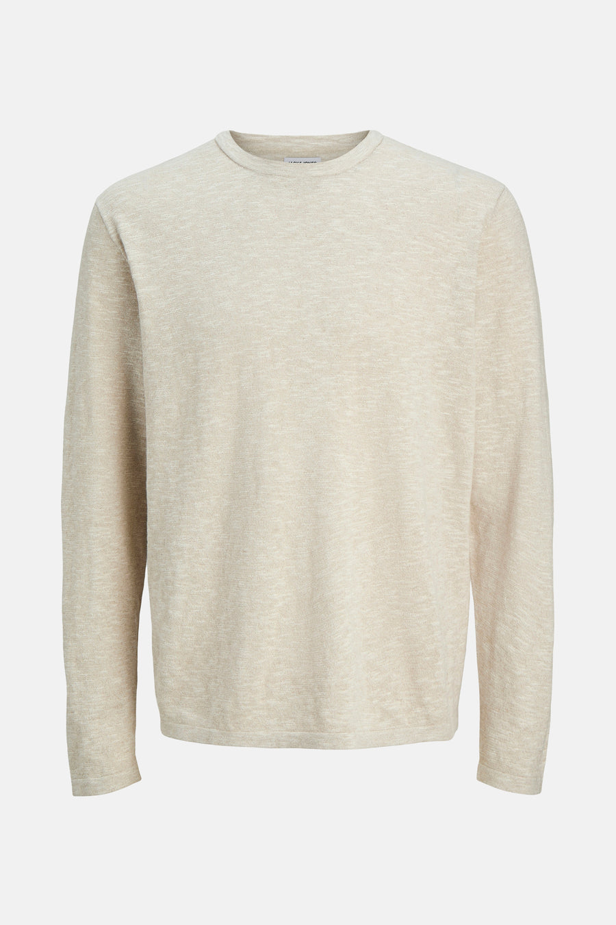Pull à col rond beige de PREMIUM by JACK & JONES, en maille fine texturée, sur fond uni.