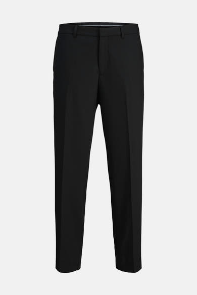Pantalon de costume noir par PREMIUM by JACK & JONES, coupe ajustée, sur fond uni.