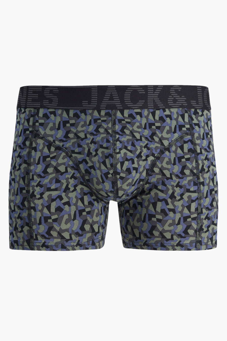 Boxer noir par ACCESSORIES BY JACK & JONES avec motif géométrique camouflage bleu, gris et vert.