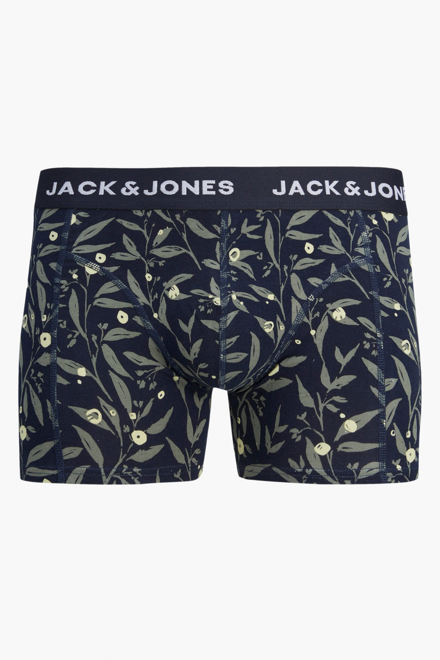 Boxer bleu marine, de ACCESSORIES BY JACK & JONES, avec un motif floral de feuilles grises et de petites fleurs blanches.