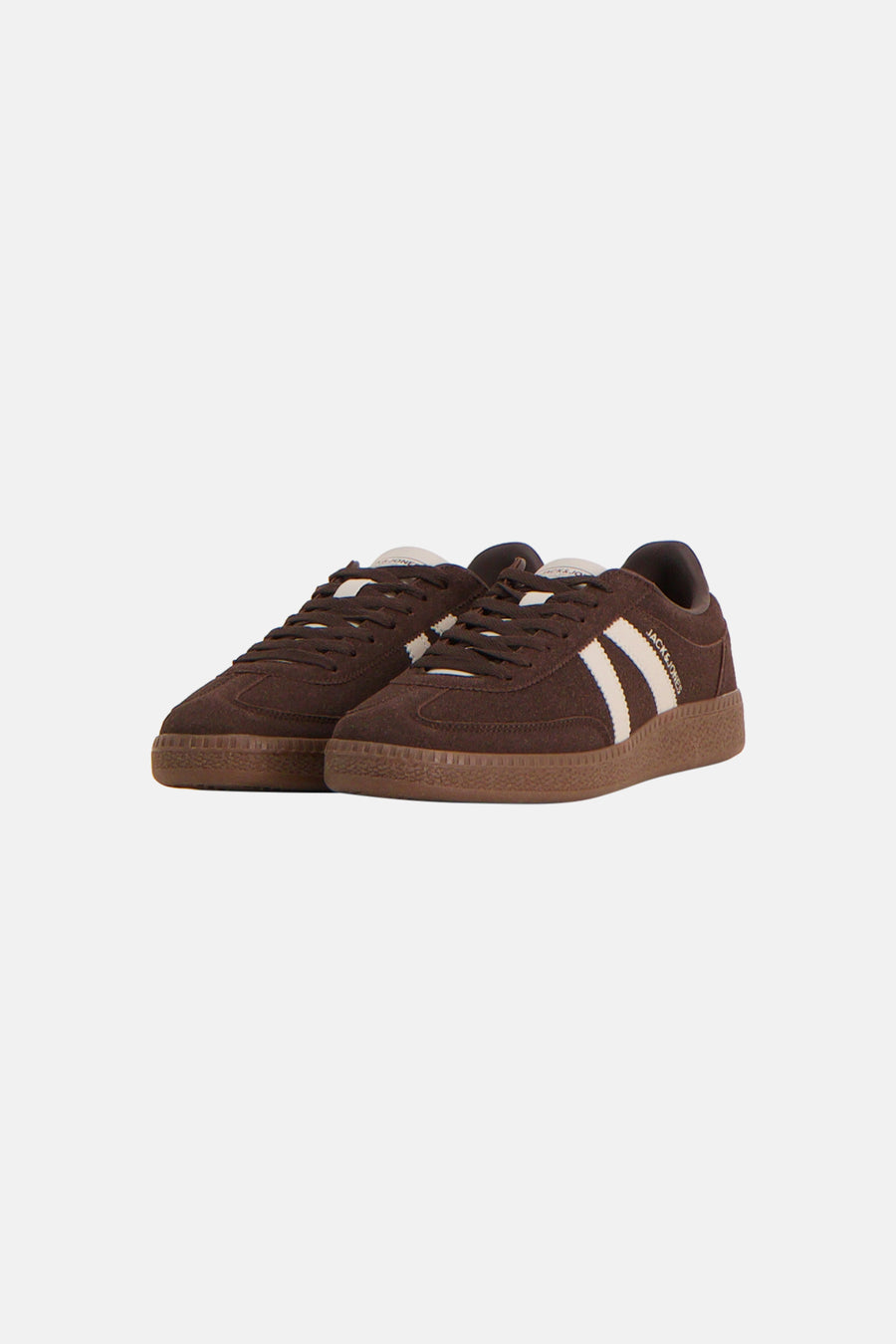 Brown suede sneakers with white side stripes by Jack & Jones, featuring brown laces and gum rubber sole, front view.