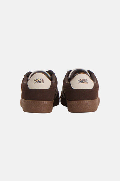 Brown suede sneakers by Jack & Jones, back view showing white heel tab with brand logo and textured rubber sole