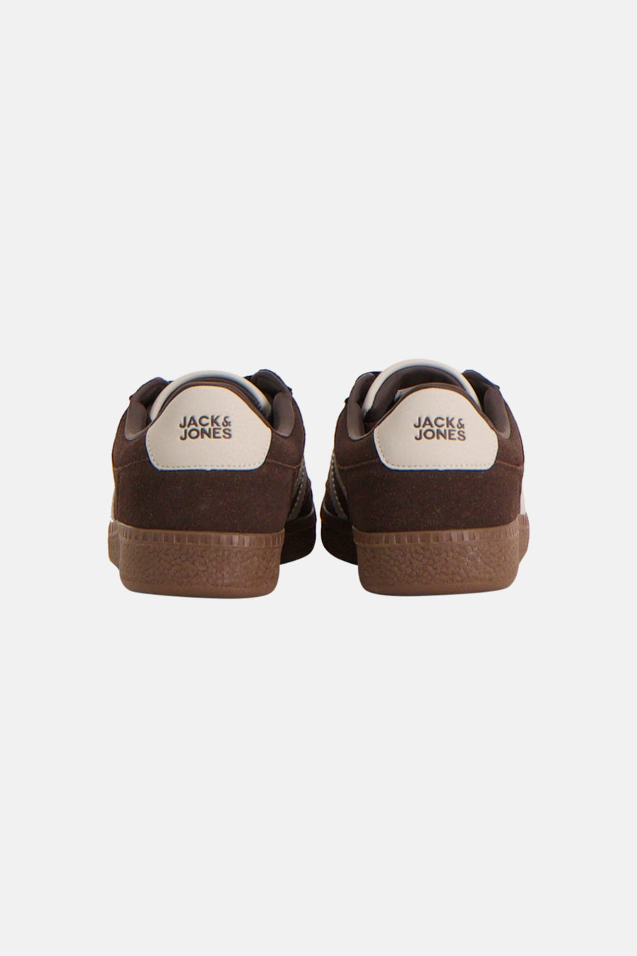 Brown suede sneakers by Jack & Jones, back view showing white heel tab with brand logo and textured rubber sole