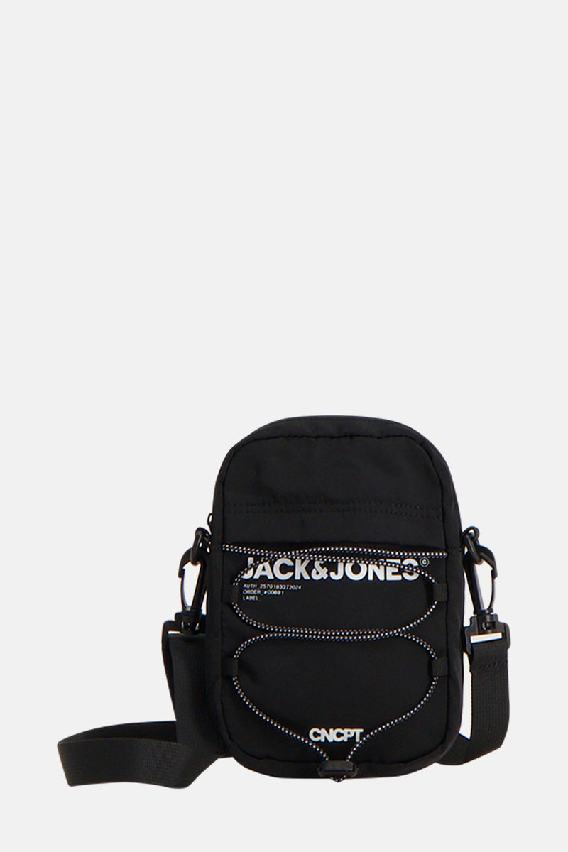 Zwarte schoudertas van ACCESSORIES BY JACK & JONES, met witte koorddetails en een logo.