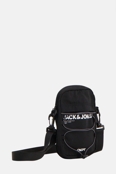 Sac à bandoulière noir ACCESSORIES BY JACK & JONES, avec des détails de cordons blancs et un logo.