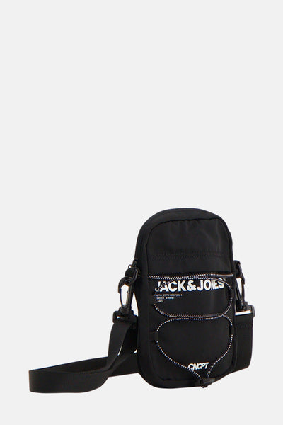 Sac à bandoulière noir ACCESSORIES BY JACK & JONES, avec des détails de cordons blancs et un logo.