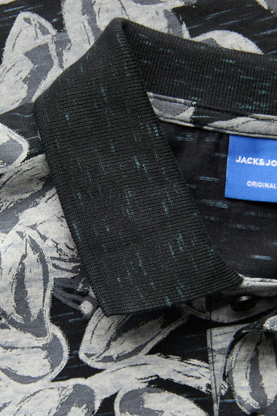 Zwart poloshirt met korte mouwen van ORIGINALS BY JACK & JONES, met grijs bloemenpatroon, met knopen.