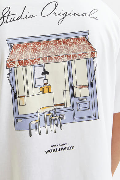 Wit T-shirt met korte mouwen van ORIGINALS BY JACK & JONES, met een geïllustreerd koffiemotief.