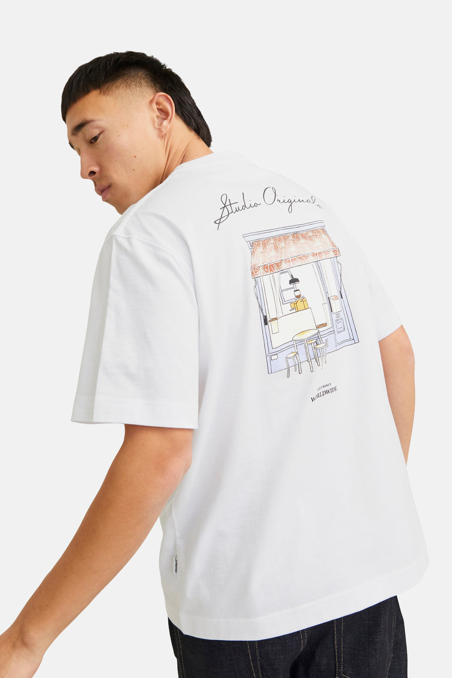 Wit T-shirt met korte mouwen van ORIGINALS BY JACK & JONES, met opdruk van een winkel op de rug.