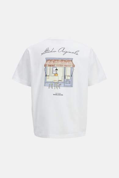 Wit T-shirt met korte mouwen van ORIGINALS BY JACK & JONES, met gestileerde koffieprint op de rug.