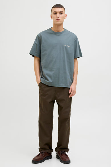 Grijze korte mouw T-shirt van ORIGINALS BY JACK & JONES, gedragen met een broek enbrubruine schoenen.