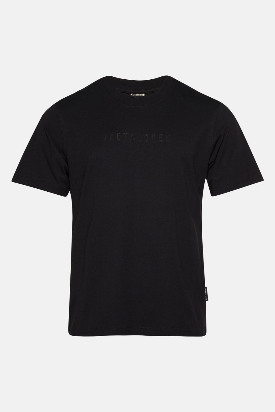 Zwart T-shirt met korte mouwen van Jack & Jones met ton-sur-ton logo op de voorkant.