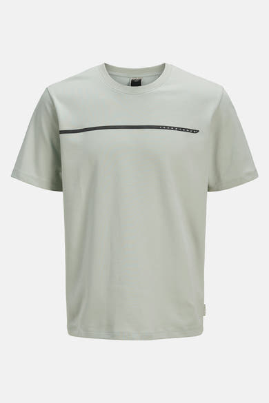 Groen T-shirt met korte mouwen van JACK & JONES met een horizontale zwarte lijn en logo.
