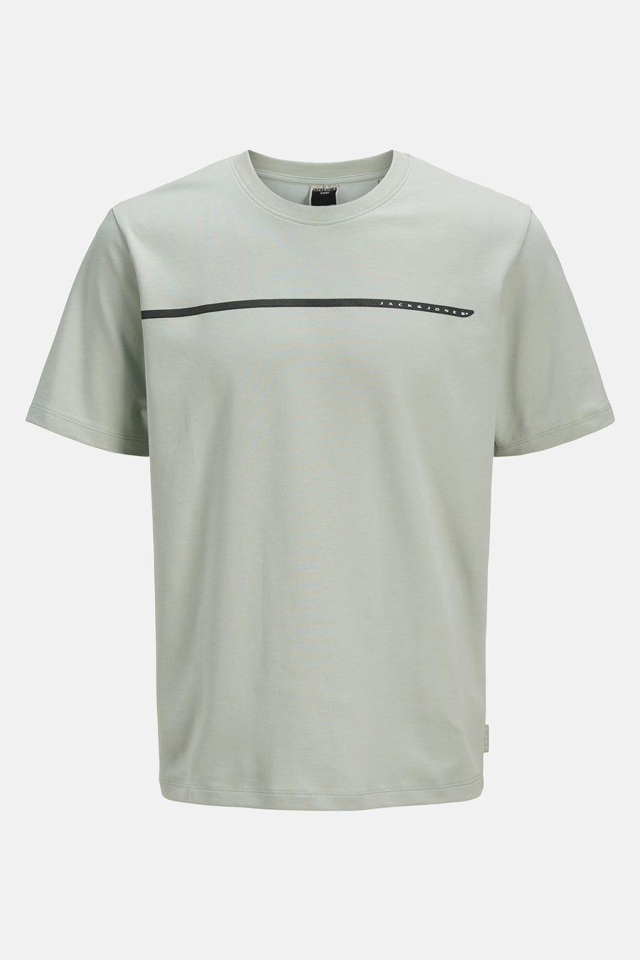 Groen T-shirt met korte mouwen van JACK & JONES met een horizontale zwarte lijn en logo.