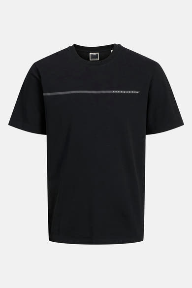 Zwart T-shirt met korte mouwen van JACK & JONES, met een horizontale lijn en de merknaam erop gedrukt.