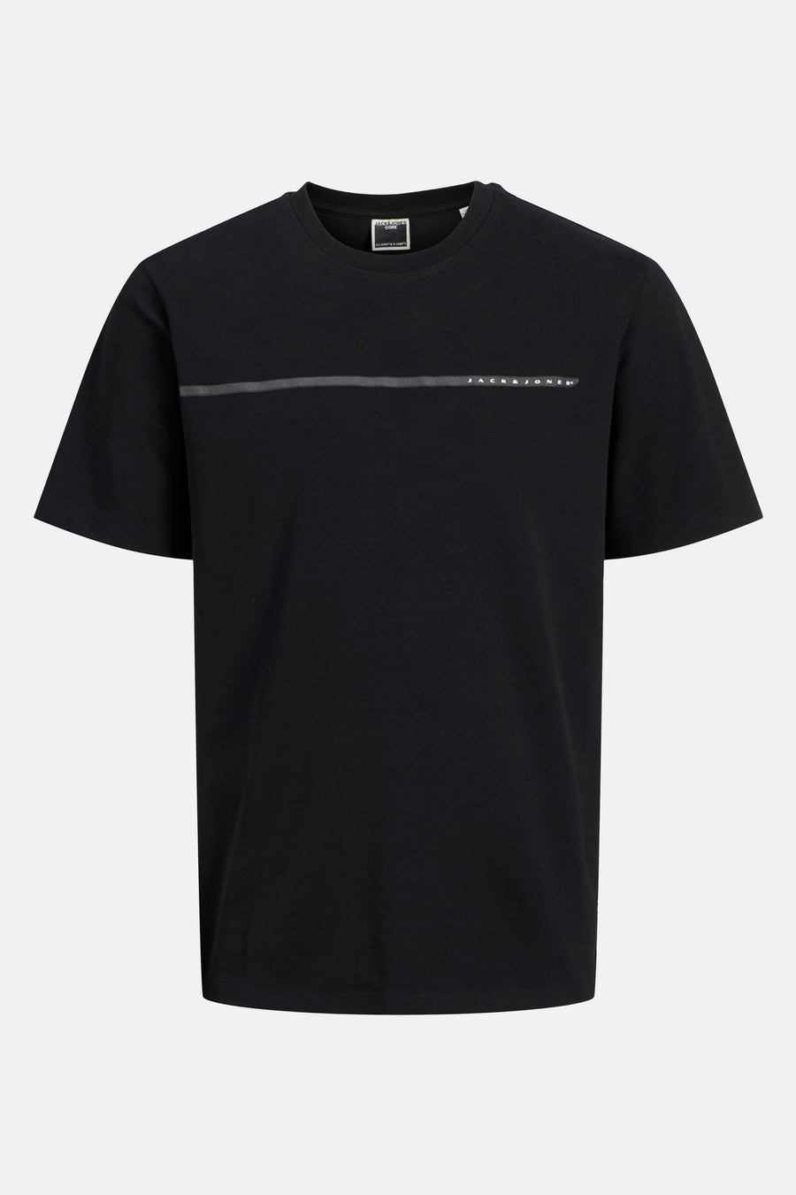 Zwart T-shirt met korte mouwen van JACK & JONES, met een horizontale lijn en de merknaam erop gedrukt.