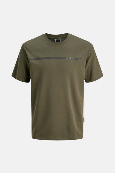 Kaki T-shirt met korte mouwen van JACK & JONES, met een horizontale streep op de borst.