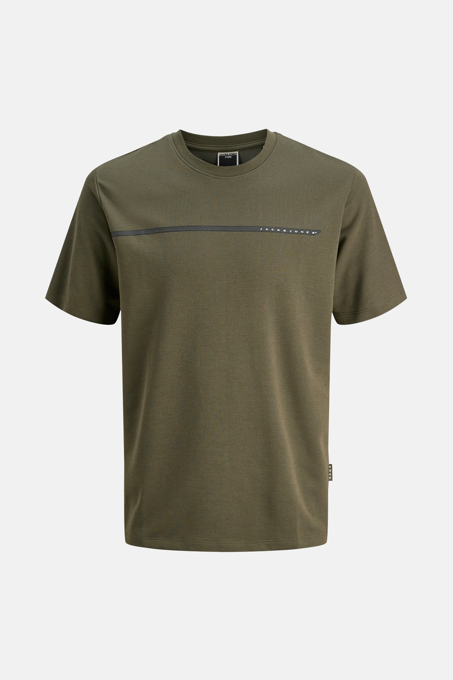 Kaki T-shirt met korte mouwen van JACK & JONES, met een horizontale streep op de borst.