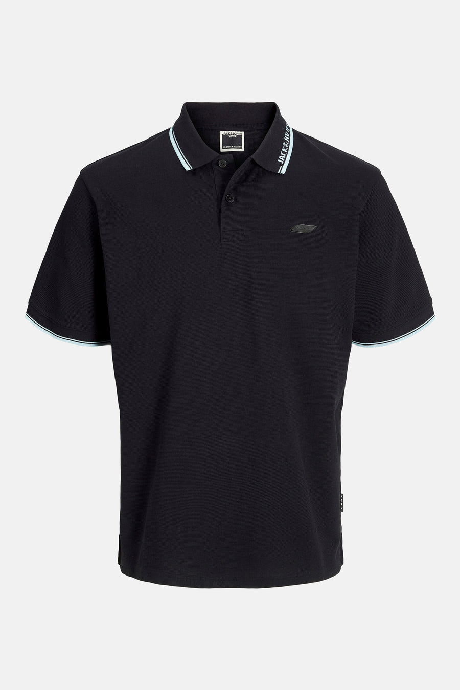 Zwart poloshirt met korte mouwen van JACK & JONES, met lichtblauwe gestreepte kraag en mouwen.
