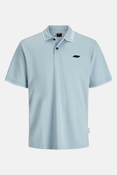 Blauw poloshirt met korte mouwen van JACK & JONES, met witte bies op kraag en mouwen, zwart logo.