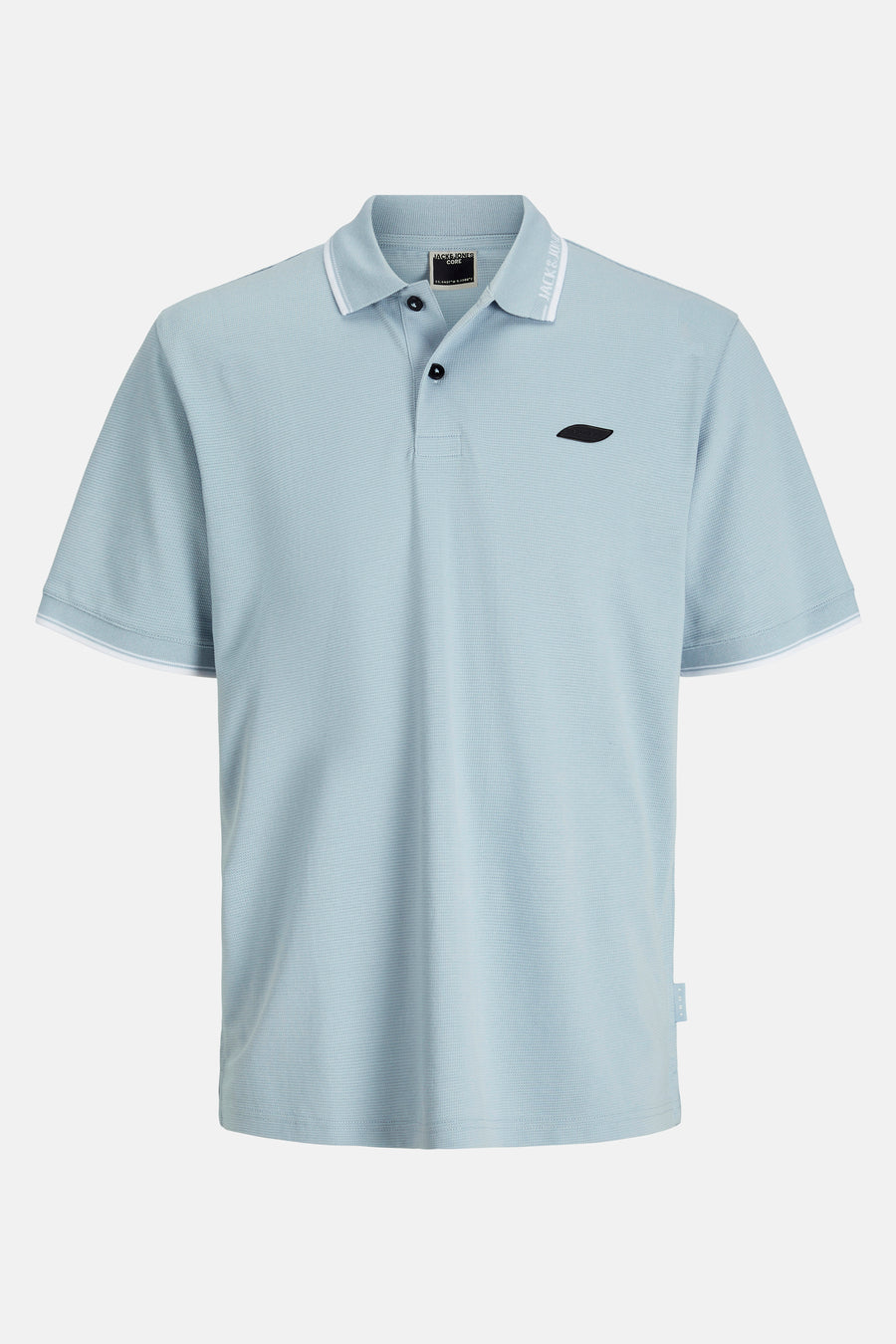 Blauw poloshirt met korte mouwen van JACK & JONES, met witte bies op kraag en mouwen, zwart logo.