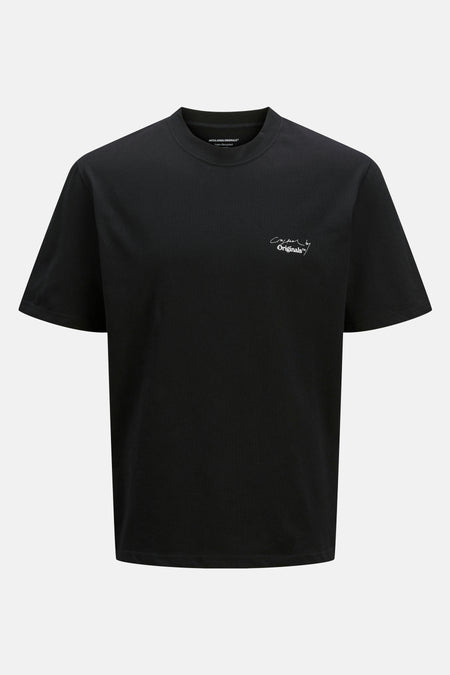 Zwart T-shirt met korte mouwen van ORIGINALS BY JACK & JONES met geborduurd logo op de voorkant.