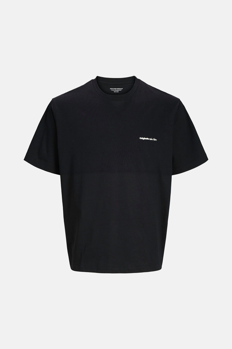 Zwart T-shirt met korte mouwen van Originals by Jack & Jones, met een minimalistisch wit logo.