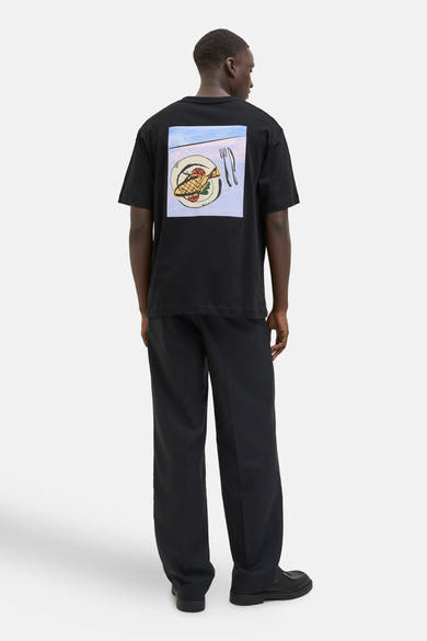 Zwart T-shirt met korte mouwen van ORIGINALS BY JACK & JONES met een print van eten op de rug.