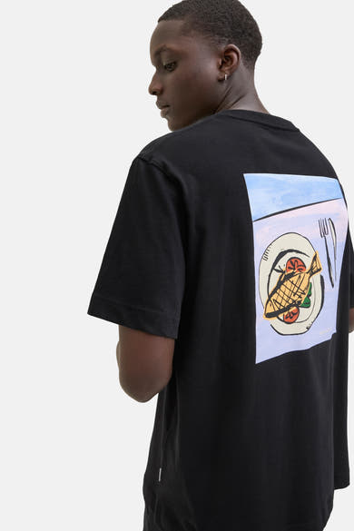 T-shirt à manches courtes noir de ORIGINALS BY JACK & JONES avec motif d'assiette imprimé au dos.