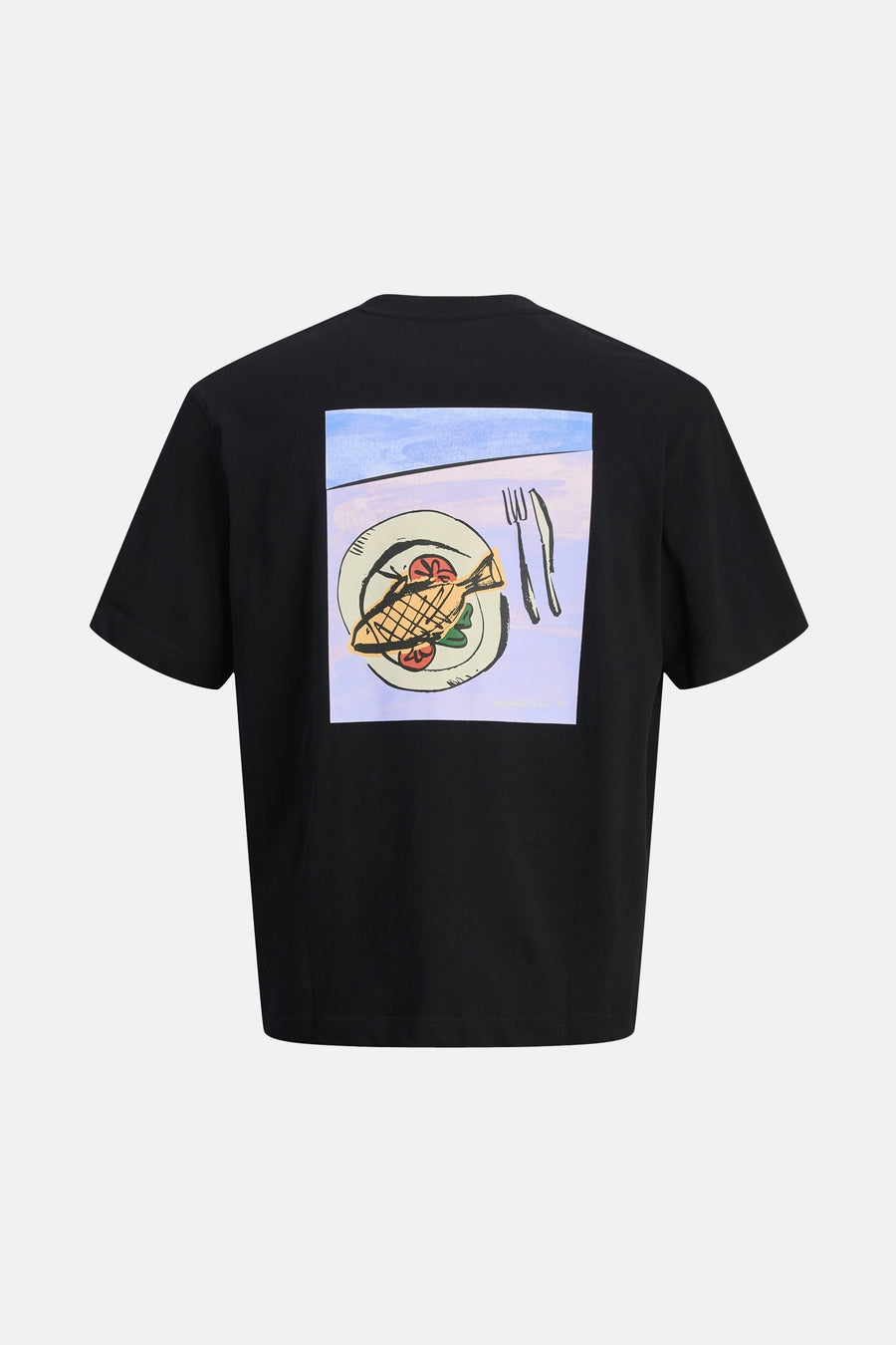 T-shirt à manches courtes noir par ORIGINALS BY JACK & JONES avec motif imprimé d'une assiette au dos.
