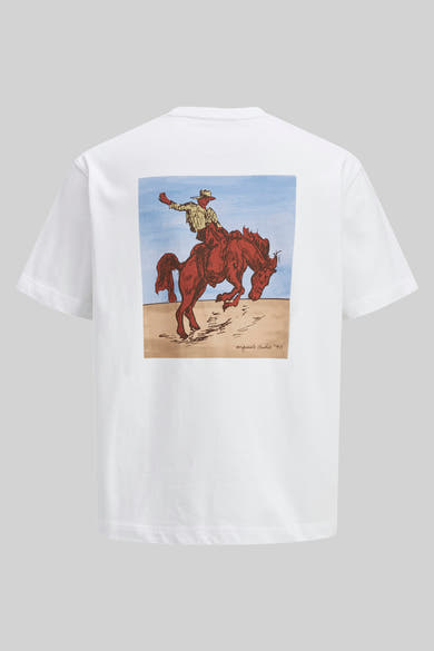 T-shirt blanc à manches courtes de Originals by Jack & Jones, avec un imprimé d'un cow-boy sur un cheval au dos.