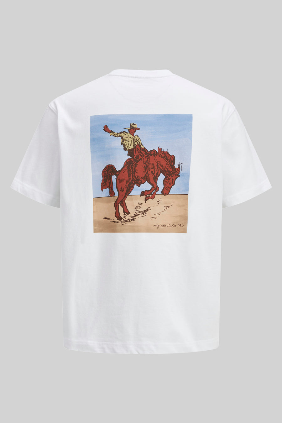 T-shirt blanc à manches courtes de Originals by Jack & Jones, avec un imprimé d'un cow-boy sur un cheval au dos.
