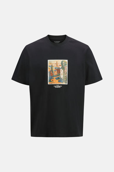 Zwarte korte mouw T-shirt van ORIGINALS BY JACK & JONES met een grafisch landschapd.