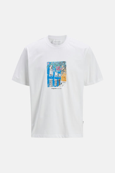 Wit T-shirt met korte mouwen van ORIGINALS BY JACK & JONES met een gekleurde gebouwprint op het voorste.
