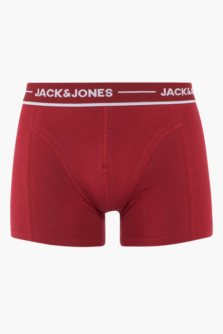 Boxer rouge ACCESSORIES BY JACK & JONES, avec une ceinture élastique à logo blanc et un bord blanc fin.