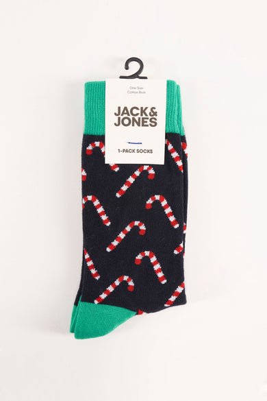 Chaussettes noires à motifs de cannes de Noël rouges et blanches de ACCESSORIES BY JACK & JONES, avec bordure verte.
